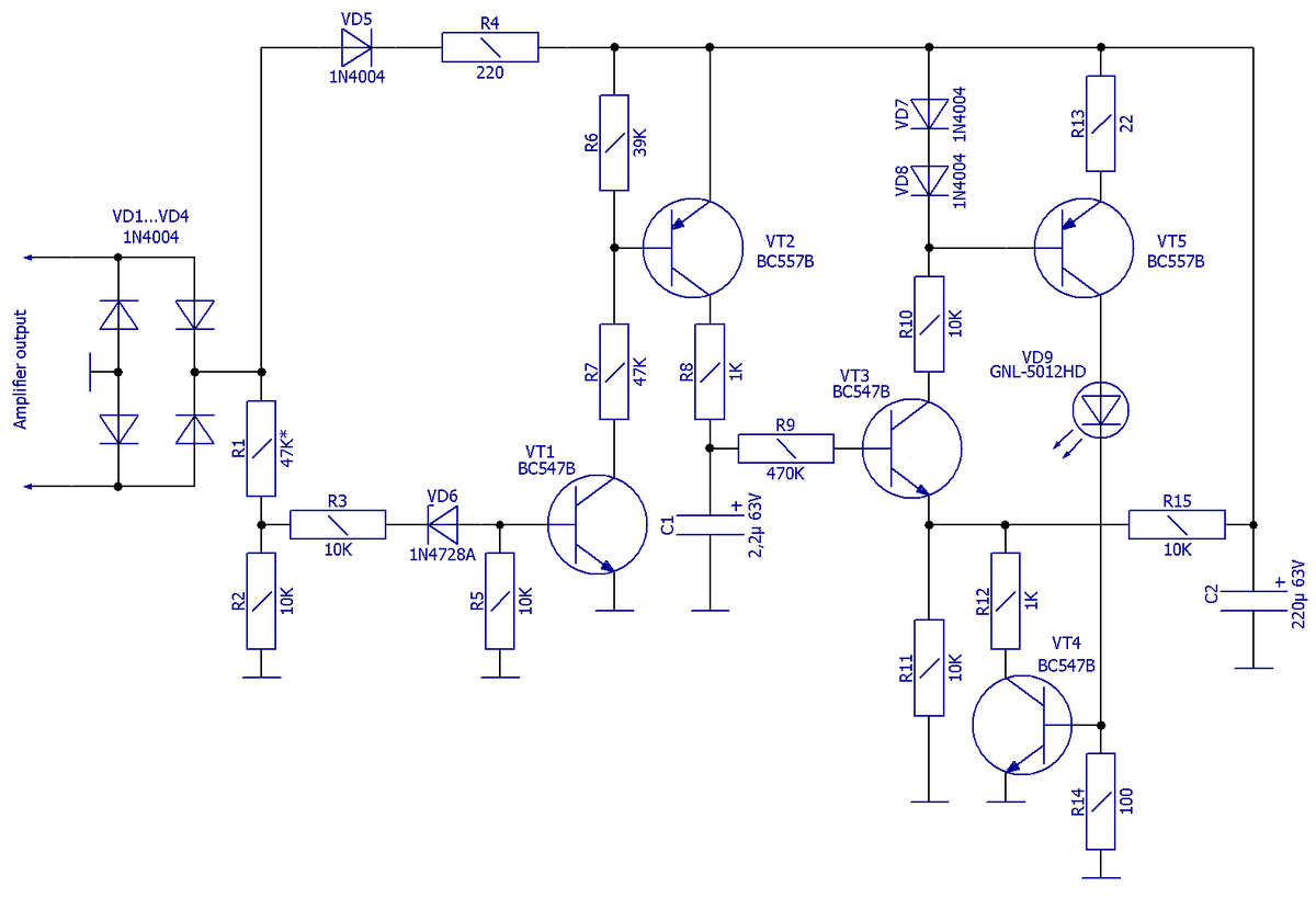 Схема электрическая принципиальная LED-индикации предела мощности усилителя