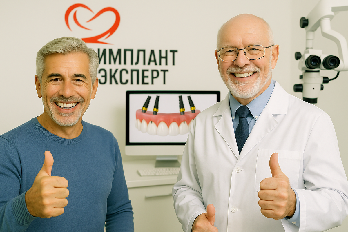 Доктор и пациент после успешной имплантации и установки протеза на 4 имплантах