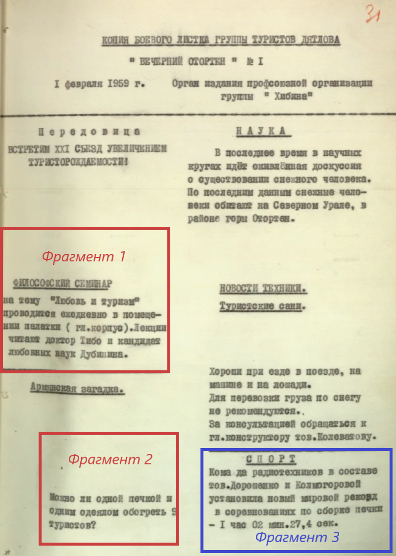 Рис. 1 Копия текста "боевого листка" "Вечерний Отортен" № 1, приведенная на стр. 31 Уголовного дела.