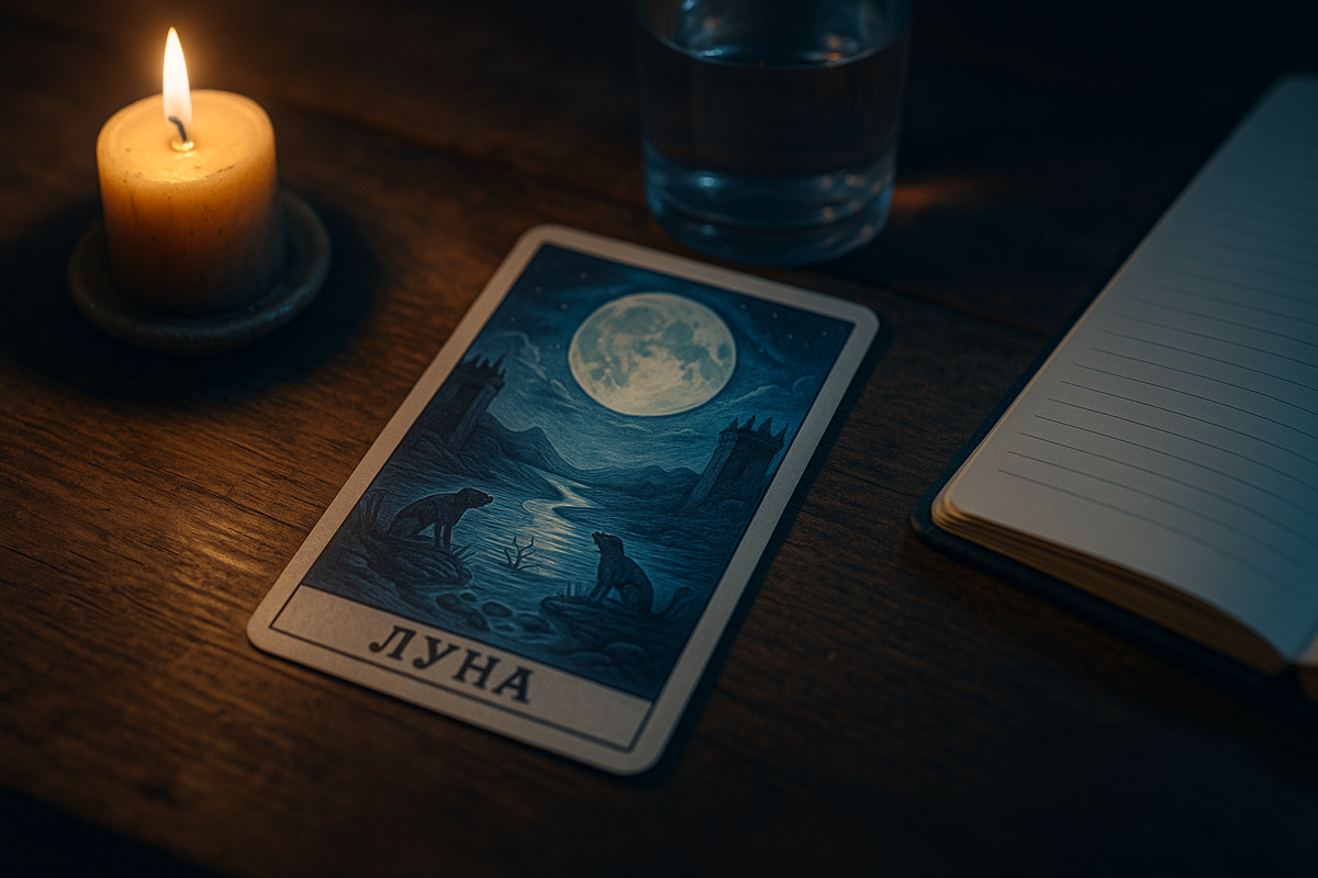 Карта Таро Луна — значение и символизм: интуиция, страх, иллюзии, работа с подсознанием, атмосфера ночи и внутреннего поиска.
