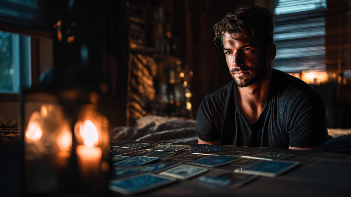 Мужчина в лунном свете с картами Таро Луна — символ интуиции, самоанализа и внутренней борьбы между страхом и осознанностью.