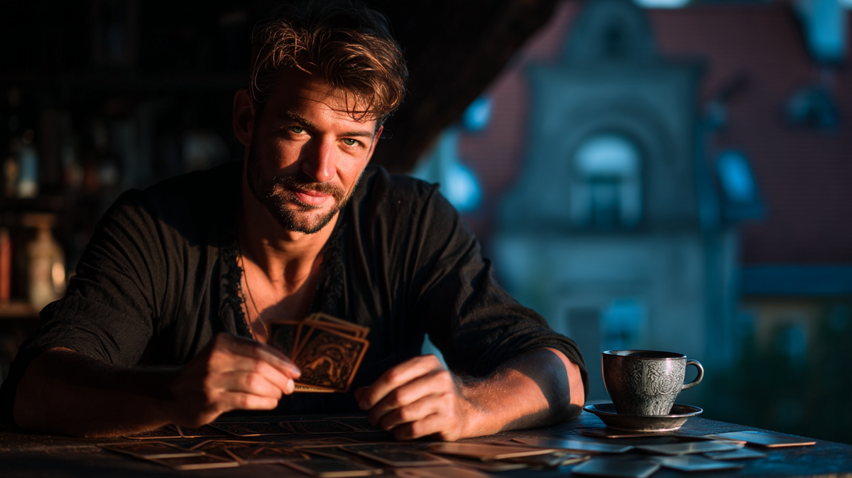 Мужчина с картой Таро Солнце на рассвете — символ радости, зрелости и внутреннего света. Утро, кофе и энергия нового дня.