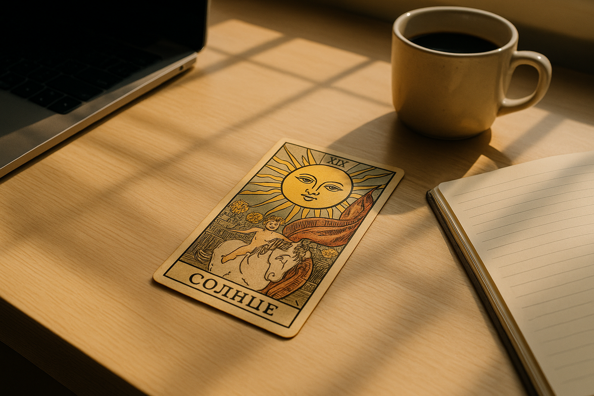 Карта Таро Солнце — значение, энергия, радость и оптимизм. Символ успеха, ясности мыслей и вдохновения для нового дня.