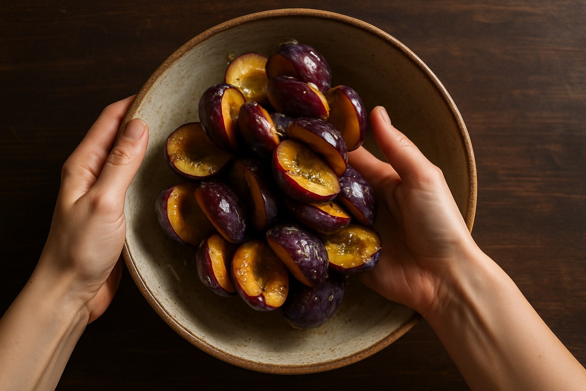 Аккуратно перемешиваем сливы руками