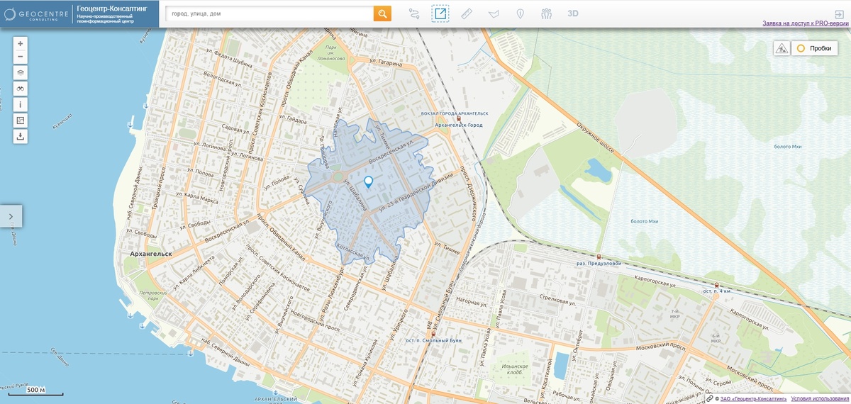 Геопортал RuMap: зона пешеходной доступности, Архангельск