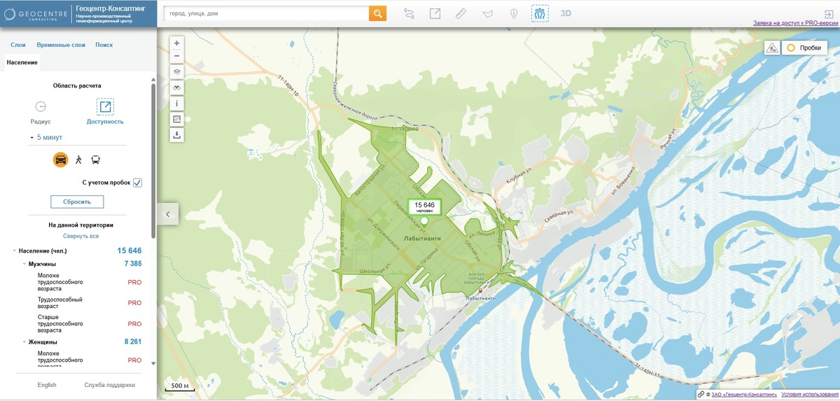 Геопортал RuMap: подсчет населения в зоне транспортной доступности, Лабытнанги