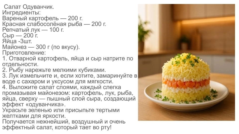    Ингредиенты:                                                                                                                                                Вареный картофель — 200 г.                                                                                                                                 Красная слабосолёная рыба — 200 г.                                                                                                                   Репчатый лук — 100 г.                                                                                                                                                  Сыр — 200 г.                                                                                                                                                               Яйца -3шт.                                                                                                                                                           Майонез — 300 г (по вкусу).                                                                                                                 Приготовление:                                                                                                                                               1. Отварной картофель, яйца и сыр натрите по отдельности на тёрке.                                                       2. Рыбу нарежьте мелкими кубиками.                                                                                                        3. Лук измельчите и, если хотите, замаринуйте в воде с сахаром и уксусом для мягкости.                                       4. Выложите салат слоями, каждый слегка промазывая майонезом: картофель, лук, рыба, яйца, сверху — пышный слой сыра, создающий эффект «одуванчика».                                 Украсьте зеленью или присыпьте тертыми желтками для яркости.                                   Получается нежнейший, воздушный и очень эффектный салат, который тает во рту! 