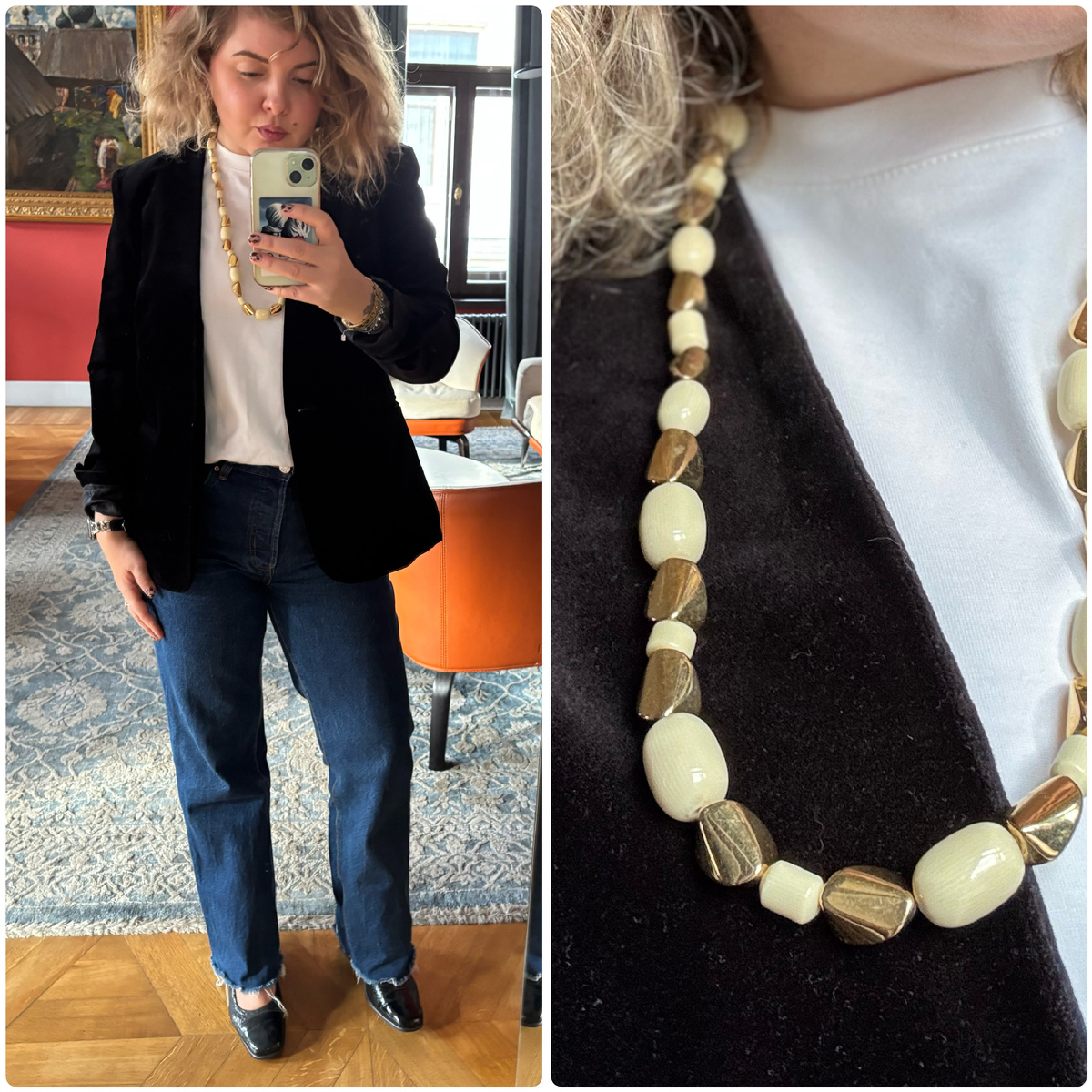 Всё СХ, бархатный жакет HM, джинсы Mango, бусы винтаж Napier
