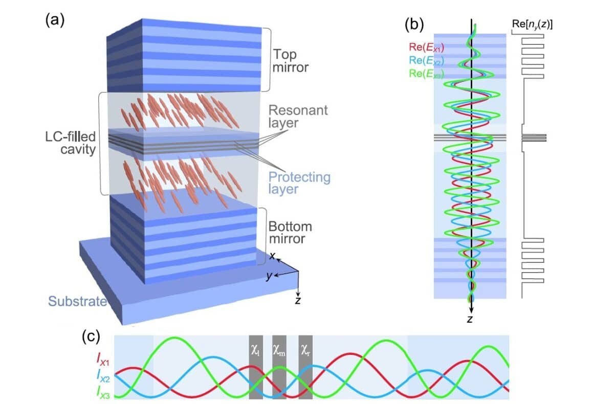    Принципиальная схема программируемого свето-материального устройства. Основой служит оптический микрорезонатор — своего рода «сэндвич» из двух высокоотражающих зеркал, между которыми заключена полость, заполненная жидким кристаллом (a). Внутри этой полости свет существует в виде нескольких различных стоячих волн (мод), каждая из которых имеет уникальный пространственный профиль с пиками и впадинами электрического поля, расположенными на разной глубине (b). Ключевой элемент — это три полупроводниковых слоя (резонансных слоя), которые служат источником экситонов. Они стратегически размещены именно в тех местах, где находятся пики интенсивности соответствующих им световых мод (c). Такая архитектура обеспечивает адресное взаимодействие: каждый полупроводниковый слой преимущественно «общается» только со «своей» модой света, что и создает основу для независимого управления ими и формирования сложных световых узоров / © E. Sedov and A. Kavokin, Phys. Rev. A 112, 043517 (2025)
