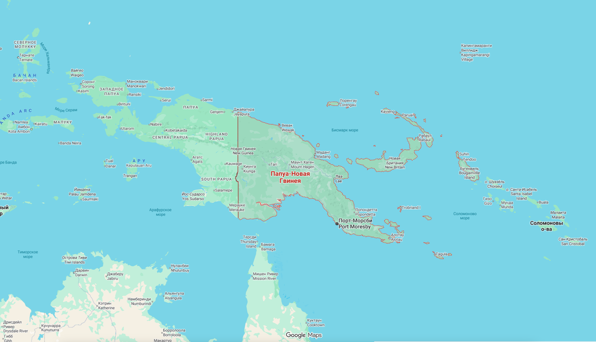 Физическая карта Папуа — Новой Гвинеи. 