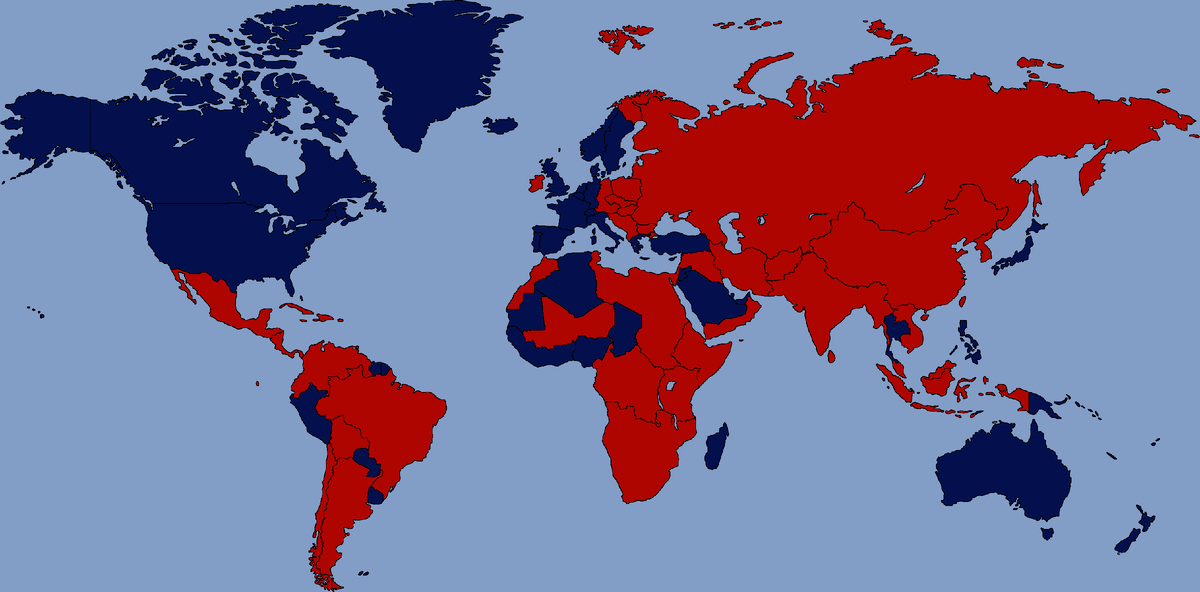 Карта мира к 2400 году, спустя 90 лет после образования нового СССР. На карте обозначены:- Красным цветом — территории СССР и Соцблока- Синим цветом — Альянса 