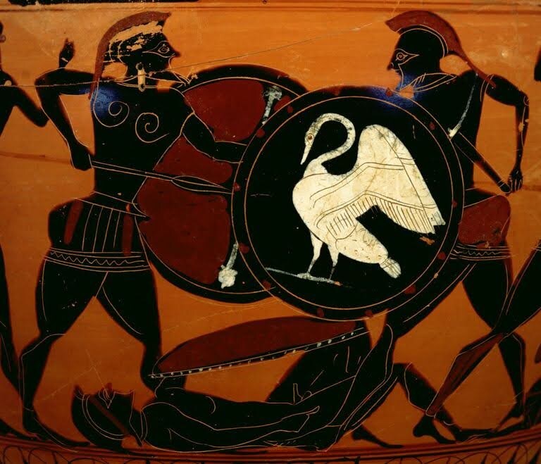 Бой Аякса с Гектором за тело Патрокла (предположительно). Роспись чернофигурной амфоры. Фрагмент. Ок. 540 до н.э.
Музей Гетти, Лос-Анджелес
