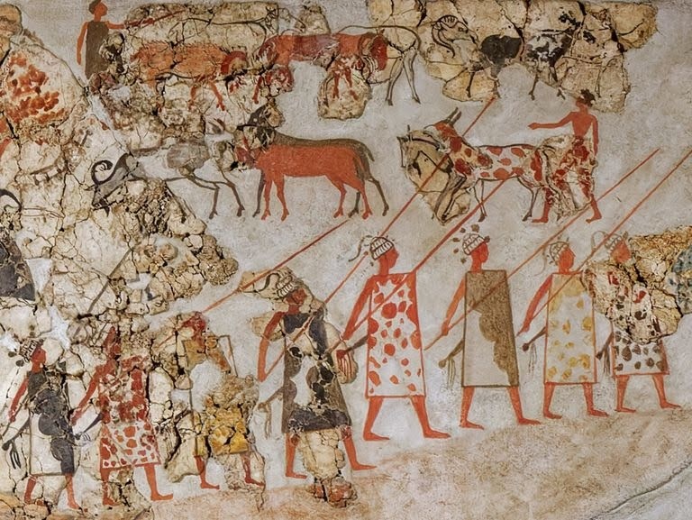 Пехота, вооруженная шлемами и щитами. Фрагмент фрески из Акротири. 1700–1600 до н.э.
Музей Тиры доисторического времени
