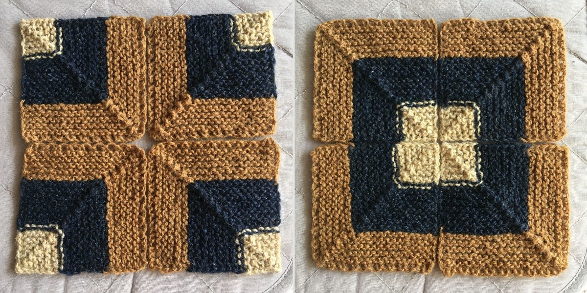 Из 4 квадратиков получается новый "лоскутный блок" - такой вариант раскладки требует чётного числа рядов элементов в изделии