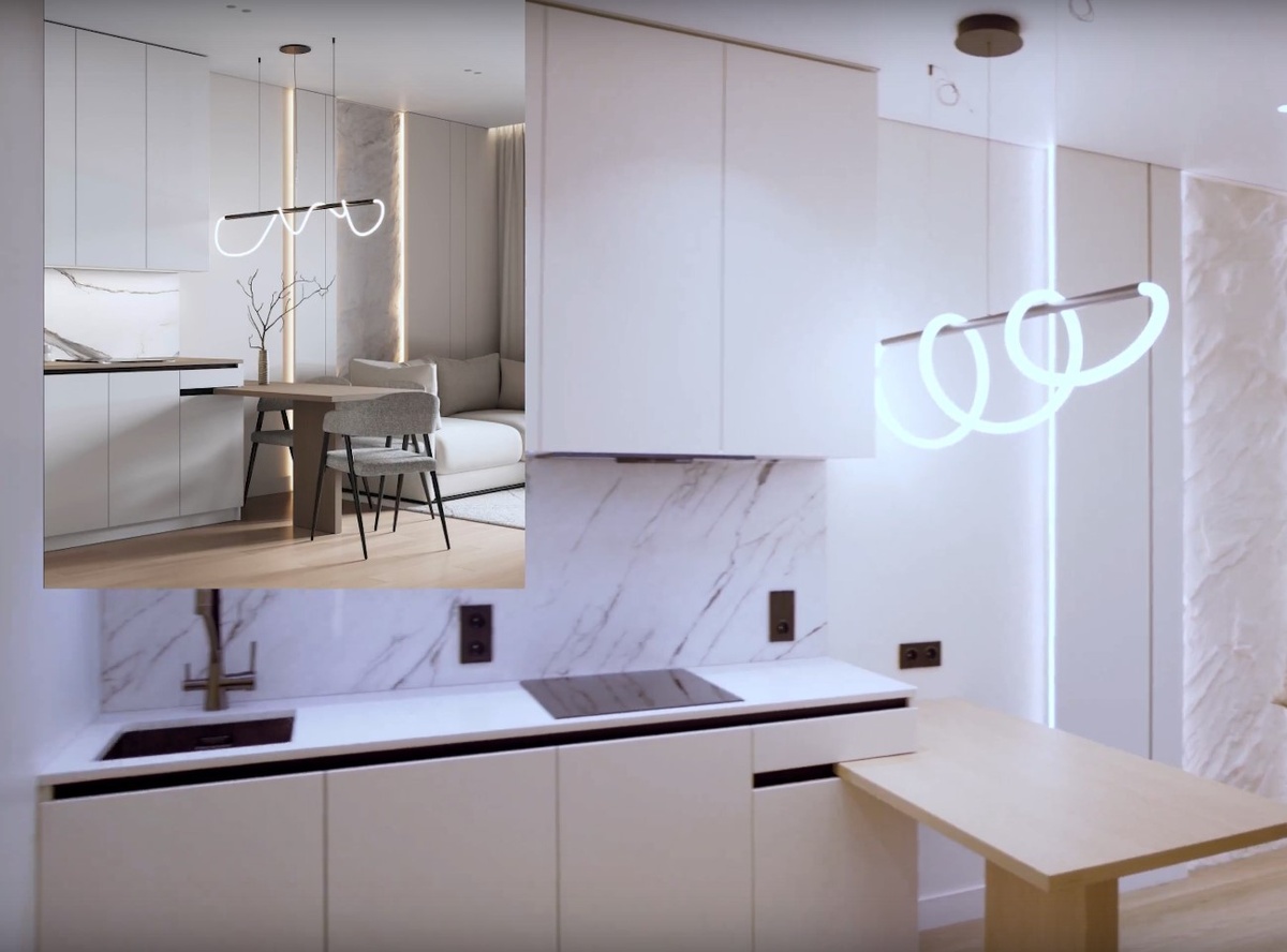 Вы видите проект и реализацию гостиной-кухни