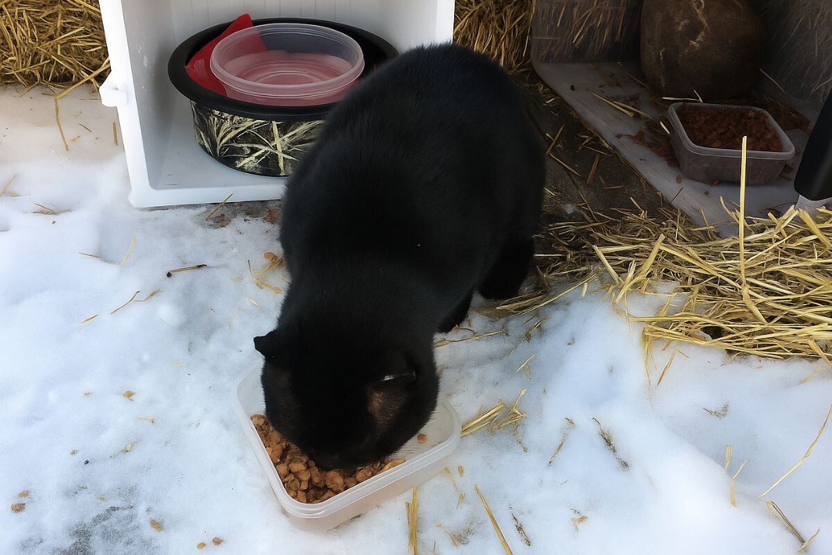 Бездомная кошка ест сухой корм 