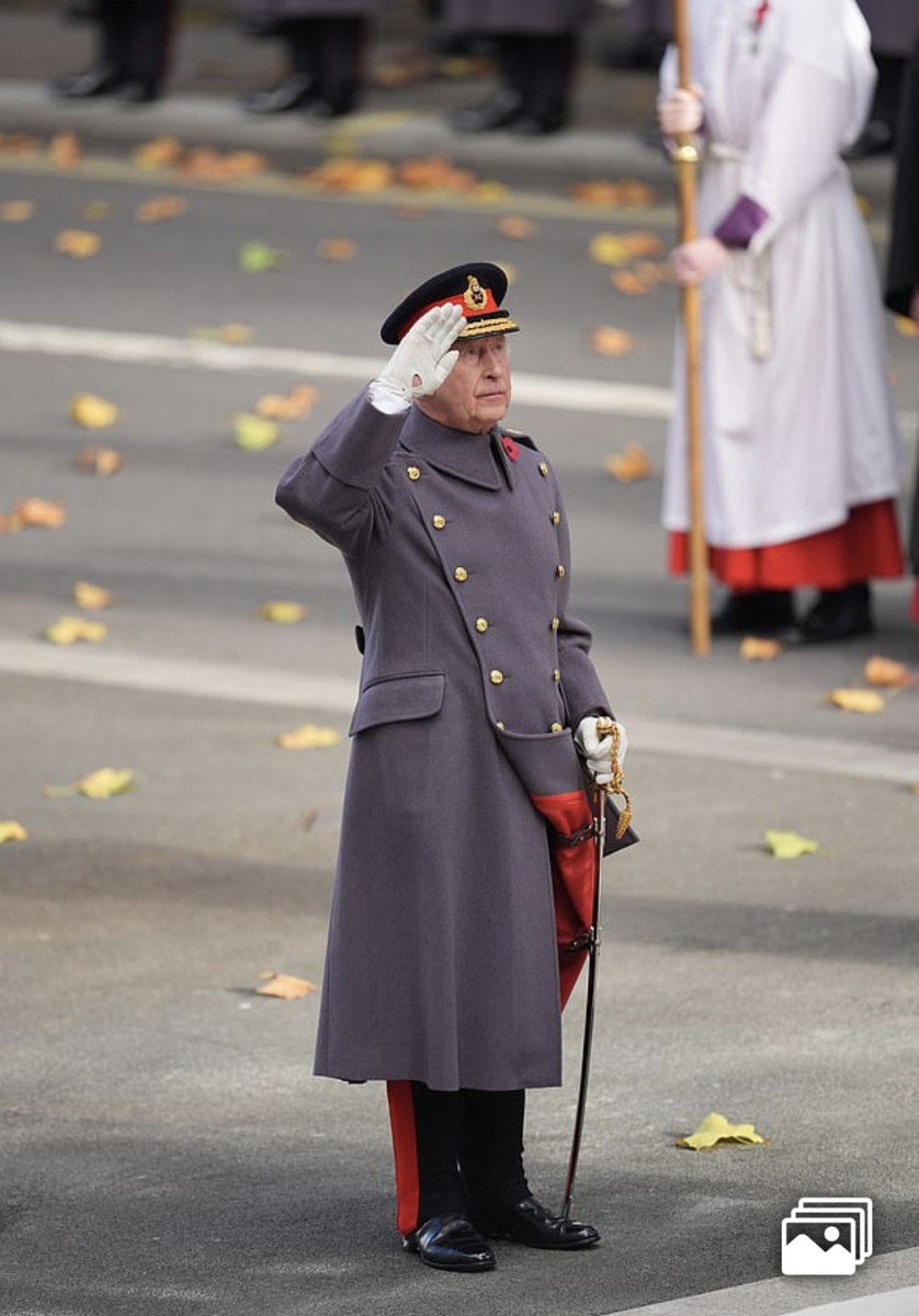 Король Карл торжественно смотрел, отдавая честь перед Кенотафом в честь Дня памяти.