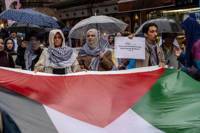 Шейма Йылдырым пытается провести демонстрацию солидарности с палестинцами в Газе 17 мая 2025 года в Стамбуле, Турция.
