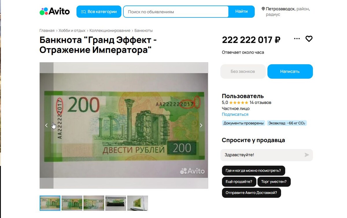    «Почему так дорого?»: житель Петрозаводска выставил на продажу 200-рублевую купюру за 222 миллиона рублей© Людмила Корвякова, столица на Онего