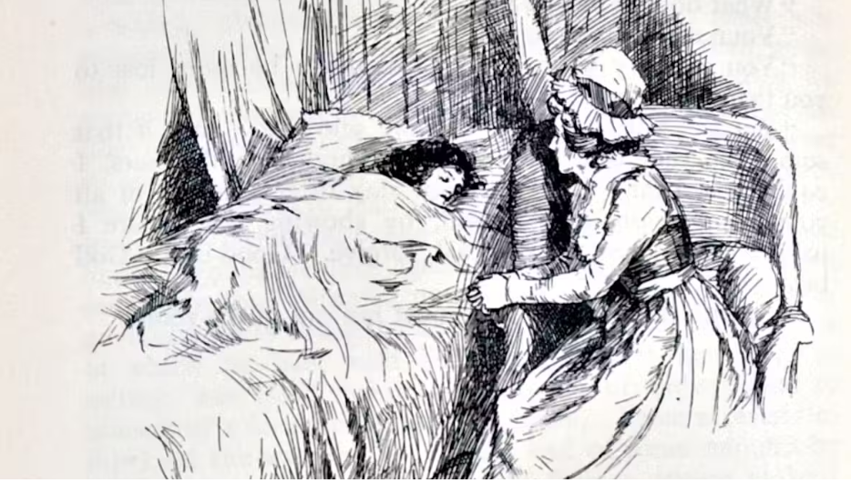 Когда Марианна заболевает в романе «Разум и чувства», её мать не отходит от неё всю ночь. Кристин М. Демен Хэммонд/Библиотека Лилли, Университет Индианы
