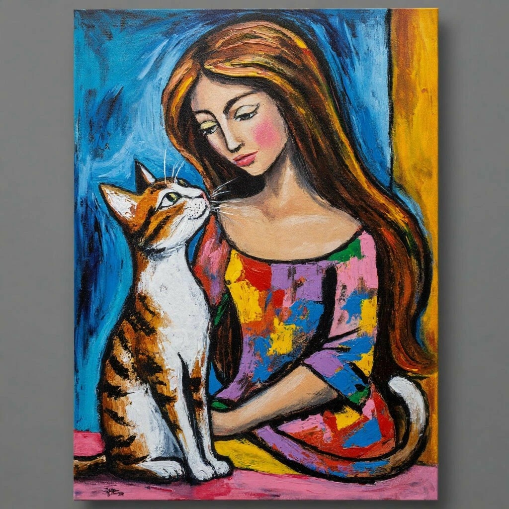 Мама и кошка - акварель в стиле Пикассо
