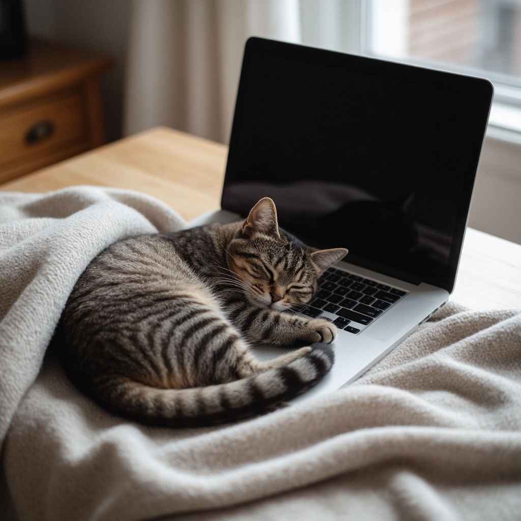 Так выглядит успешное решение кадрового вопроса. Сотрудник доволен условиями труда — у него есть собственная «офисная» лежанка с подогревом. Производительность работы человека восстановлена, кот исполняет обязанности наблюдателя.