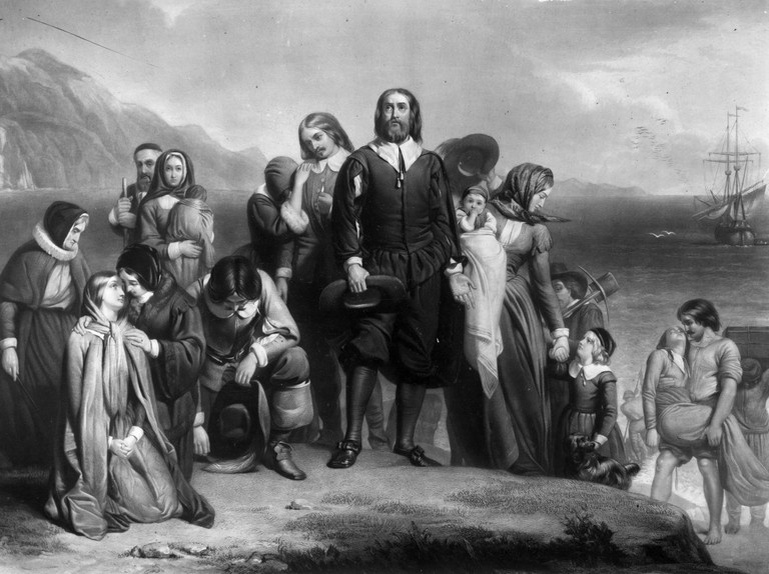 Джордж Генри Боутон. Высадка пилигримов (паломников) у Плимутского камня (Plymouth Rock) в 1620 году. Это событие стало символом начала колонизации Северной Америки англичанами.         