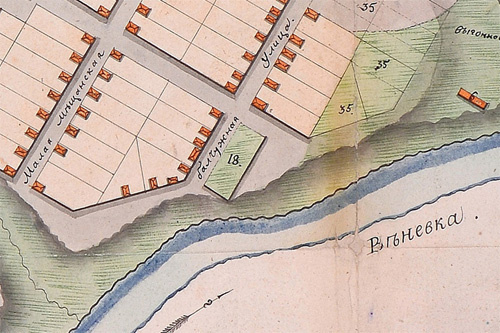 
Фрагмент плана г. Венёв, 1824
"По цифрой 18 - Место для мясных и рыбных рядов, которых ещё не выстроено"