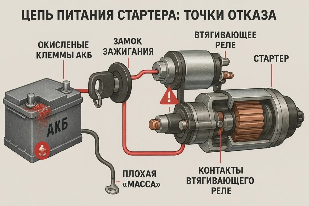 Схема Цепь питания стартера точки отказа
