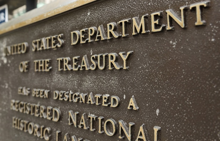    WASHINGTON, DC - MAY 30: A sign is displayed outside of the U.S. Treasury Department building on May 30, 2025 in Washington, DC. (Photo by Kevin Carter/Getty Images) David Harutunov