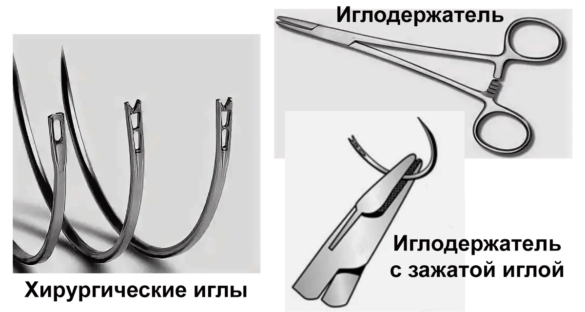 Рисунок 1. Иглодержатель и хирургические иглы (изображение из Интернета)