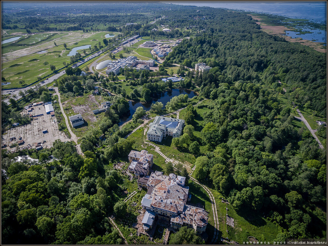 Общий вид дворцово-паркового комплекса Михайлова дача. На переднем плане здание Дворца, чуть выше кухонный корпус, а далее корпуса высшей школы менеджмента.