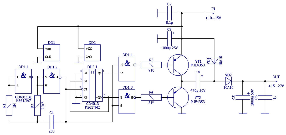 Схема электрическая принципиальная бездроссельного импульсного повышающего преобразователя напряжения