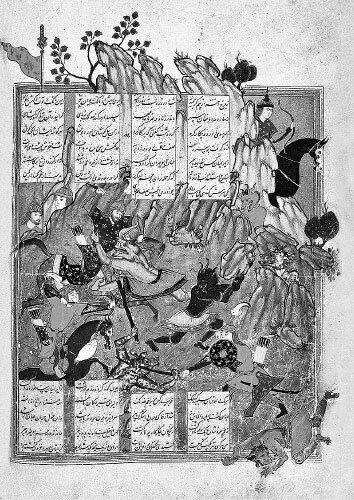 Садики-бег. Гаршасп сражается с Сагсарами. Миниатюра из «Гаршасп-наме». 1573 г.