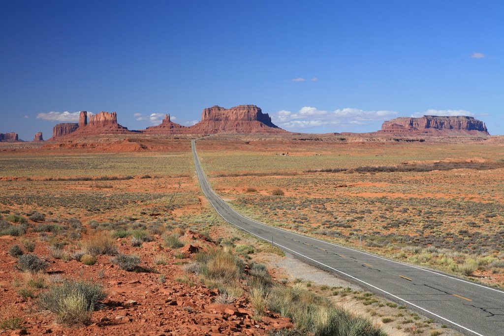 На горизонте возвышаются величественные скальные останцы из красного песчаника, контрастирующие с ярко-голубым небом. Пустынная растительность и бескрайние просторы создают ощущение уединённости и масштабности природы.