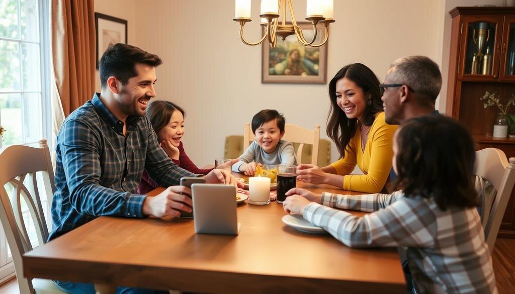    Изображение ребенка, использующего мобильное устройство под присмотром родителя.