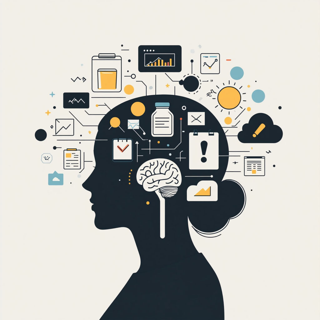 Так выглядит ментальная нагрузка изнутри. Десятки несвязанных задач, планов и напоминаний, которые постоянно крутятся в голове, не давая ей отдохнуть.