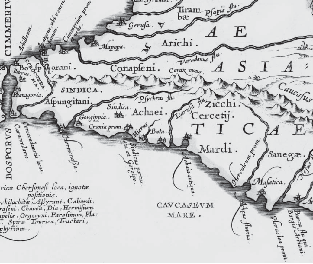 Ортелиус Абрахам. Понт Эвксинский. 1590 г. Фрагмент. Реконструкция этнической и политической карты бассейна Черного моря по античным источникам. Abrahami Ortelii. Pontvs Euxinvs. Van den Keere, Pieter (1571 – 1646). Graveur. Bibliothèque nationale de France. Collection d’Anville. 38 × 49 см. 