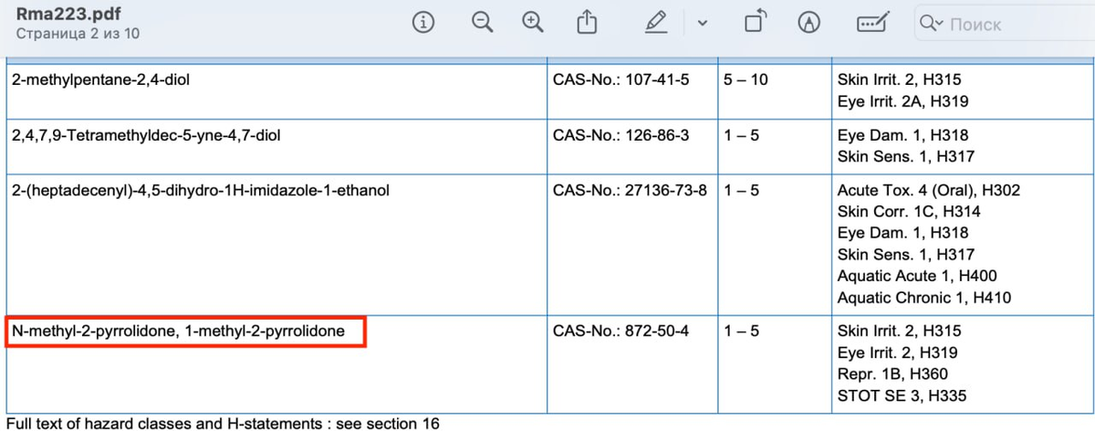 Скрин из SDS флюса Amtech который содержит NMP