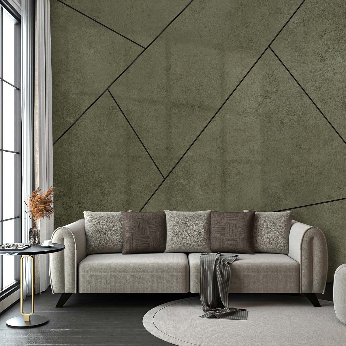 Актуальный интерьер гостиной в сдержанной цветовой гамме. Отделка стены - флизелиновые фотообои VEROL. Артикул на WB: 499443920.