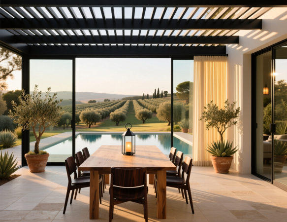 Современная терраса с чёрной перголой и панорамными окнами, выходящими на бассейн. На ней — деревянный стол, стулья. Справа — шторы, слева — оливковые деревья в горшках. Закатное освещение, тени от перголы создают атмосферу спокойствия и роскоши. Идеально для отдыха даже в осеннее время.
