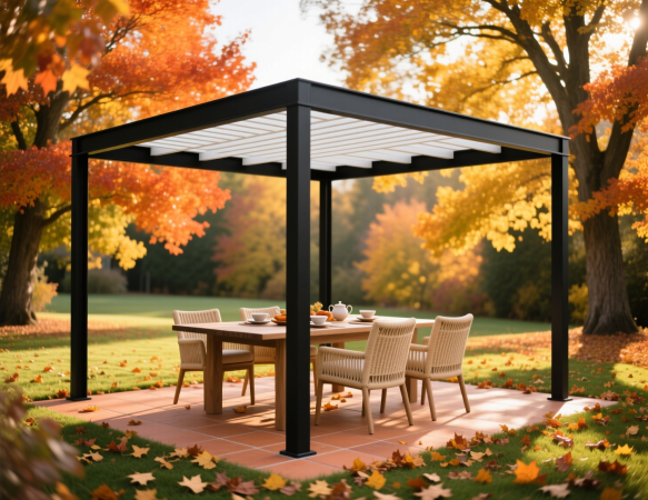 Современная чёрная пергола с потолком из ламелей, расположенная на террасе среди золотых осенних деревьев. На столе — сервировка, чайник и цветы. Вокруг — плетёные стулья, опавшие листья и зелёный газон. Тёплый солнечный свет создаёт уютную атмосферу. Идеальное место для семейного ужина на природе в сезон падения листьев.