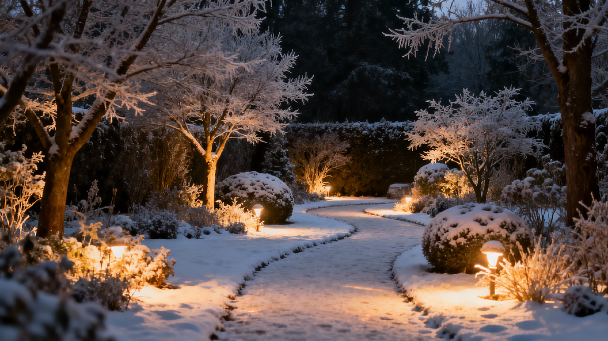 Зимний сад в вечернее время, покрытый снегом, с мягким теплым светом от ландшафтных прожекторов