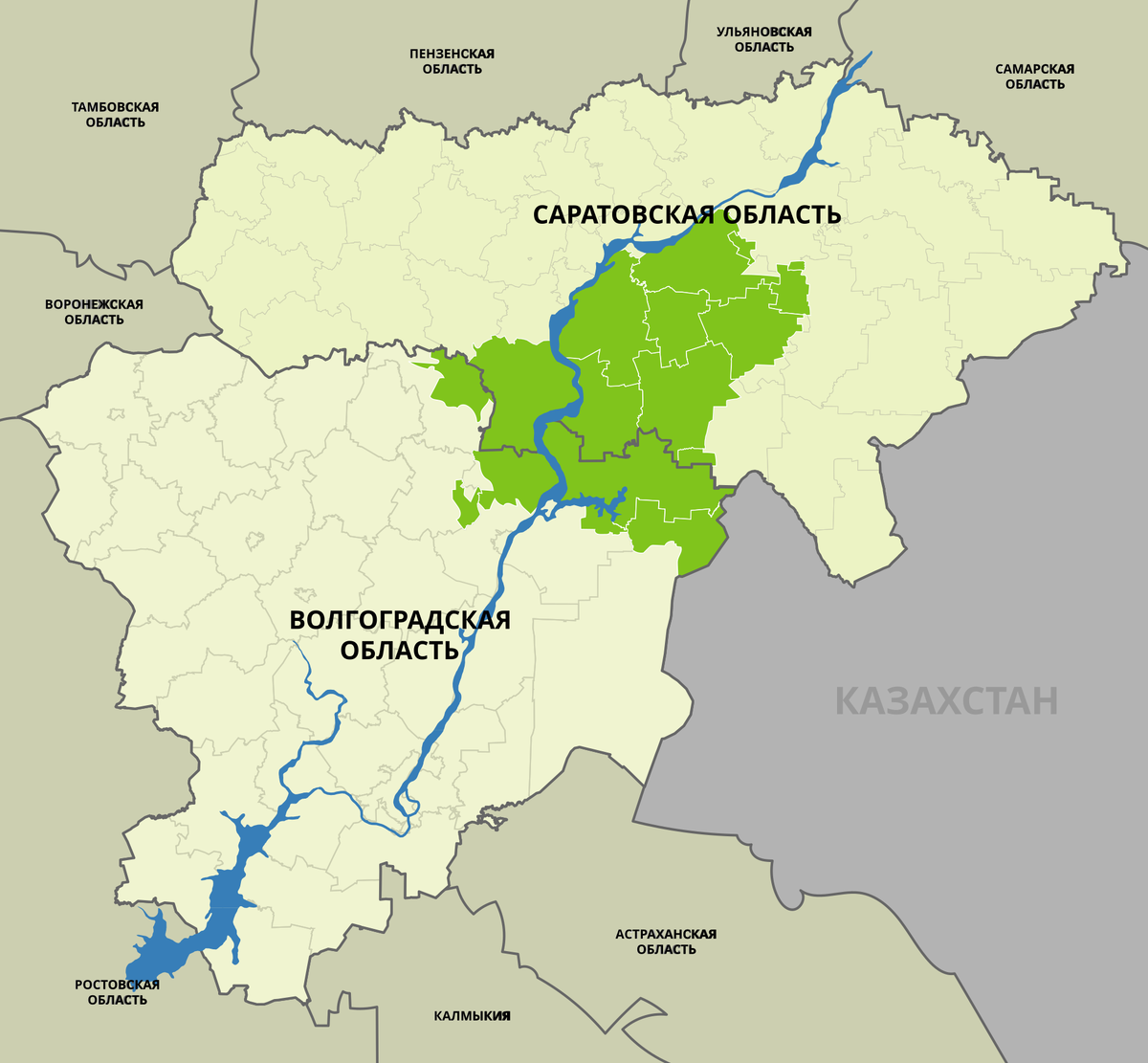 Область проживания поволжских немцев на современной карте России