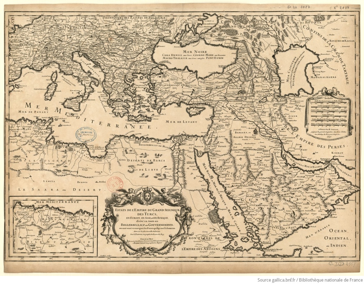 Estats de l'Empire du Grand Seigneur des Turcs, en Europe, en Asie, et en Afrique, divisé en touts ses Beglerbeglicz, ou Gouvernements ; ou [sic] sont aussi remarqués les Estats qui luy sont Tributaires / dressé sur les plus Nouvelles Relations par le S[ieu]r Sanson, Géographe ordinaire du Roy ; dédié au Roy par so tre-humble, tres-obéissant, et tres fidele Serviteur Hubert Iaillot Sanson, Guillaume (1633-1703). Cartographe. Auteur adapté