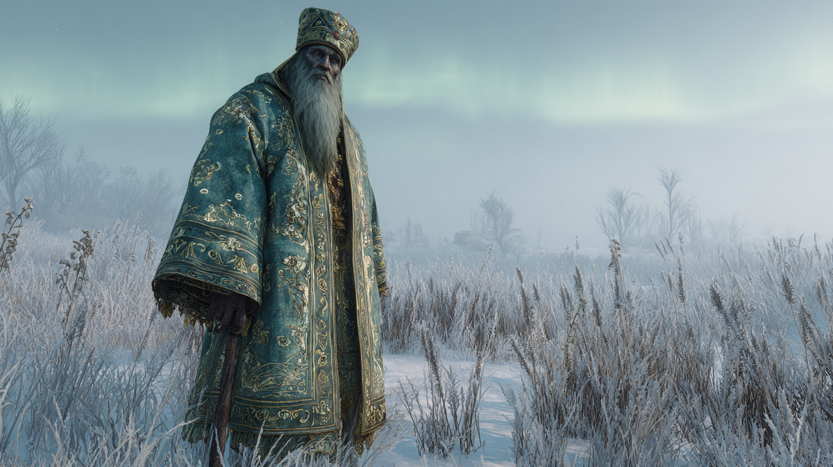 Фигурка Кощея — худой старец в богатых славянских одеждах, озарённый северным сиянием