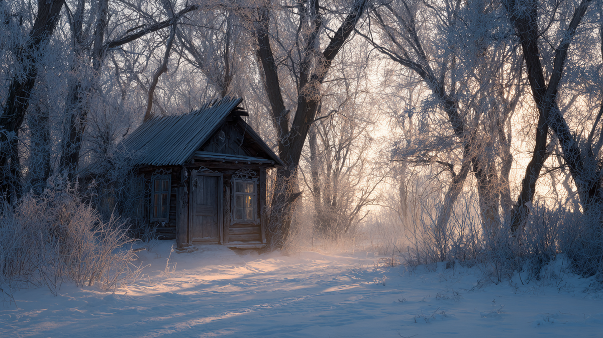 Старая заиндевелая изба на опушке заснеженного леса, атмосфера тайны.
