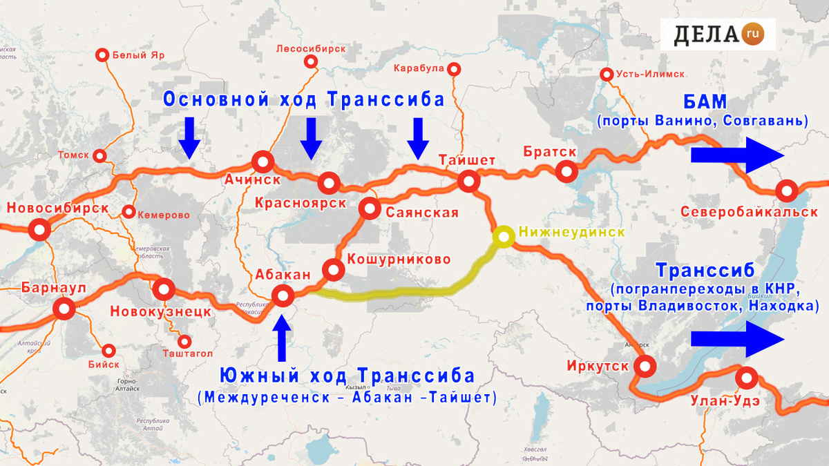     Нынешняя общая схема Транссибирской магистрали в Центральной Сибири с перемычками и ответвлениями (показаны красным). Экспедиция Кошурникова разведывала «прямой» вариант трассы из Хакасско-Минусинской котловины сразу на Нижнеудинск (показано желтым)