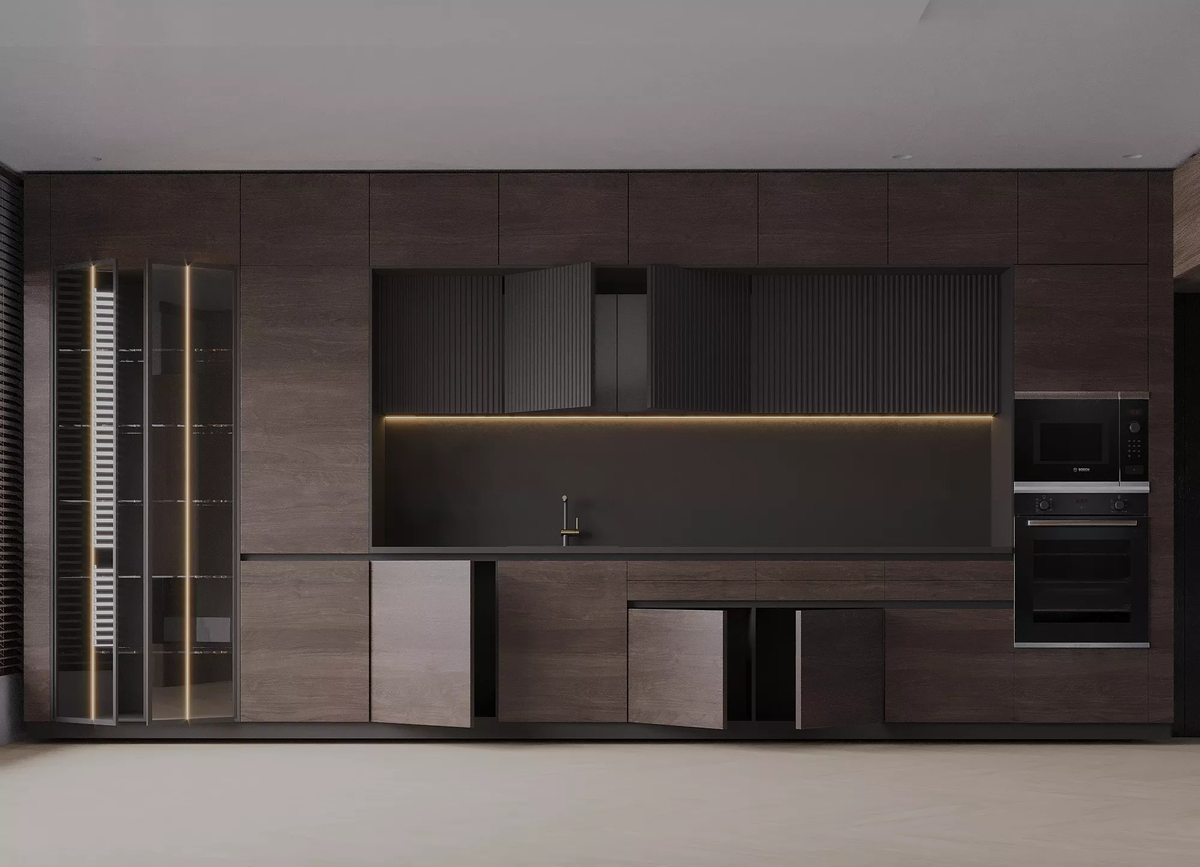 Кухня «Вижен» шпон дерева с глубоко выраженной фактурой от фабрики МЕБИУС.
