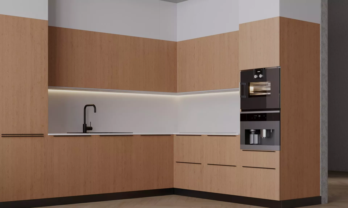 Кухня «Осло» - с интегрированными ручками, шпон дуба от фабрики МЕБИУС.
